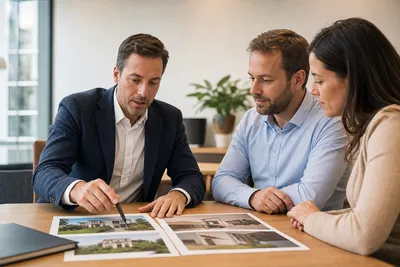 Erfahrener Immobilienberater in Deutschland prüft Spekulationssteuer-Immobilien-Szenarien mit Kunden am Schreibtisch