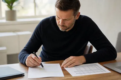 Deutscher Investor prüft Rendite- und Vertragsdetails einer Pflegeimmobilie – Close-up, pflegeimmobilien kaufen