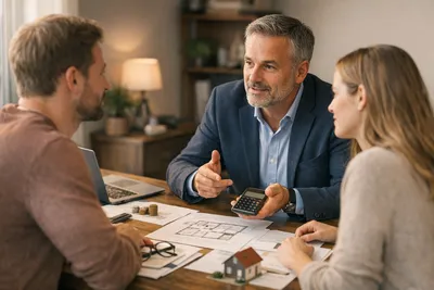Deutscher Immobilienberater erklärt einem Paar Denkmalimmobilien, Finanzierungen und Mietstrategie am Schreibtisch mit Dokumenten