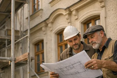 Nahaufnahme einer Denkmalimmobilie Renovierungsstelle mit restaurierter Stuckfassade, Holzfenstern und Handwerkern bei Planbesprechung