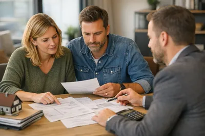 Deutsche Hausbesitzer prüfen Hypotheken- und Renovierungsdokumente mit Finanzberater in modernem Büro, Immobilienbewertung im Fokus