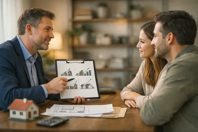 Immobilienberater erklärt einem Paar drei Immobilienbewertungsmethoden mit Charts und Unterlagen auf dem Tisch, Keyword Immobilienbewertung
